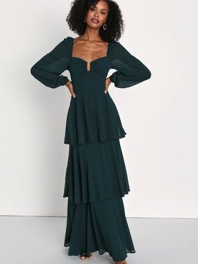Lulu's Dark Teal Tiered Maxi Dress with Sweetheart V-Notch